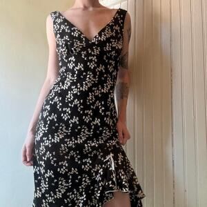 Vintage Jodi Kristopher Black White Floral Midi Dress Ruffle V-Neck Medium